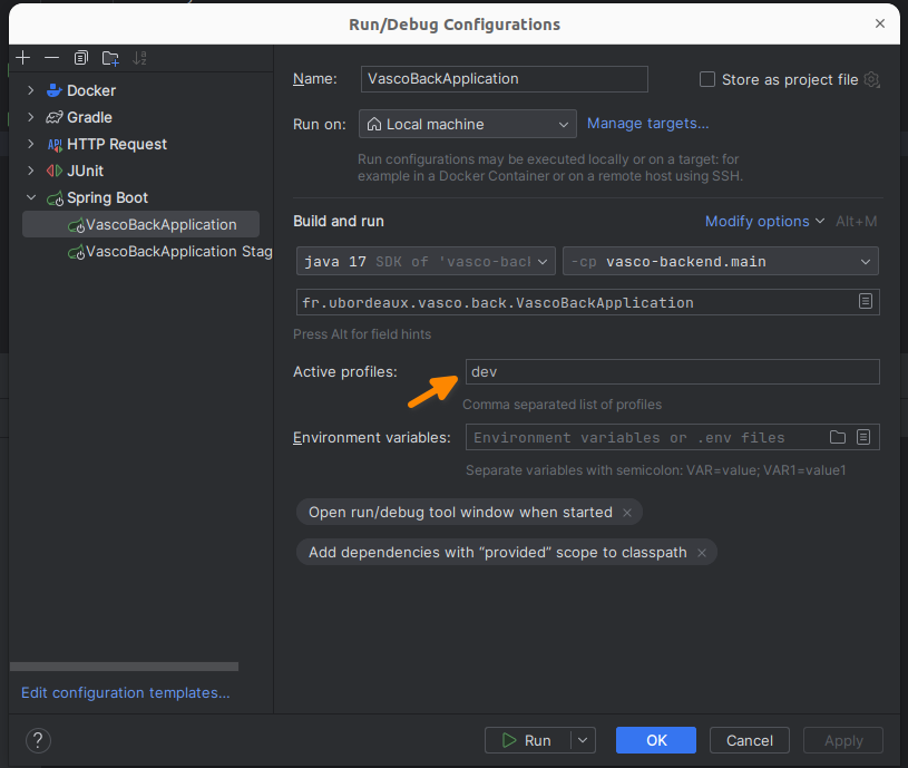 configuration lancement dev