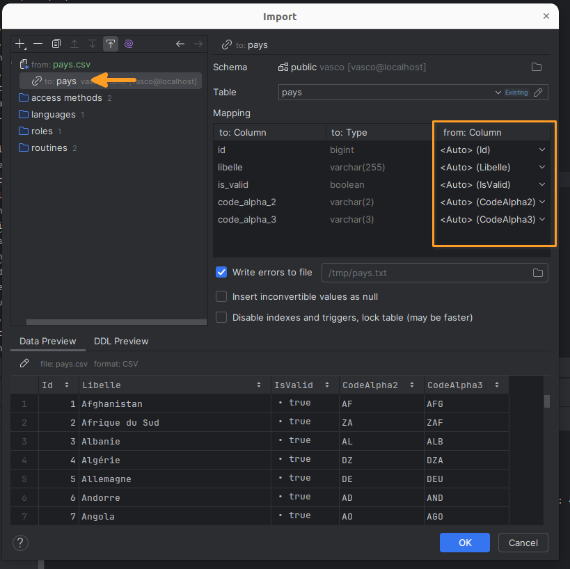 Assurez vous que chaque colonne correspond bien au champ