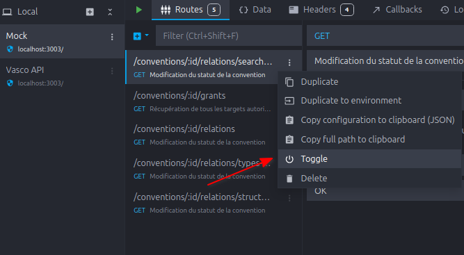 menu de désactivation d'une route